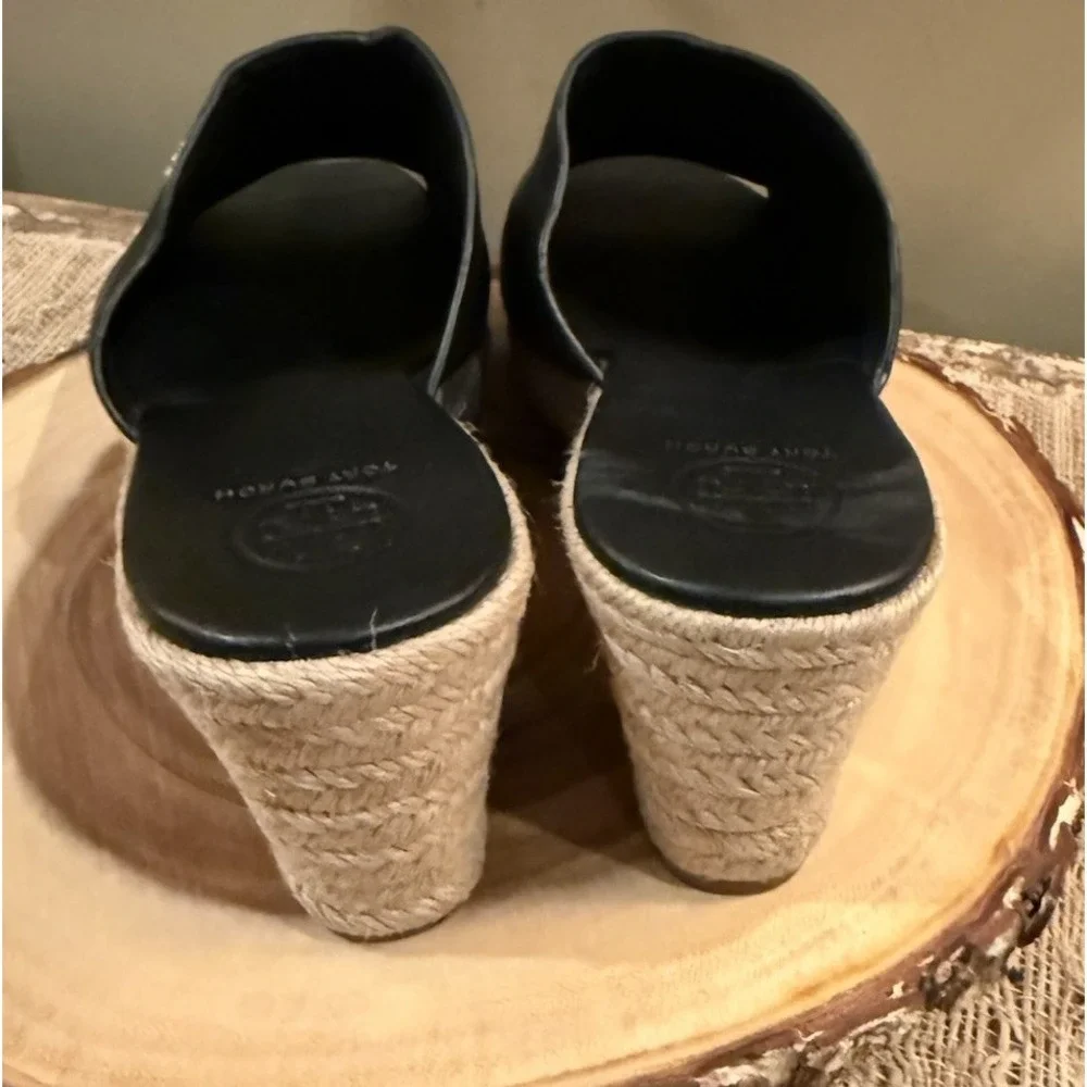 TORY BURCH Landon Espadrille‎ Black Leather Wedge Sandals Shoes Size 8M  $295